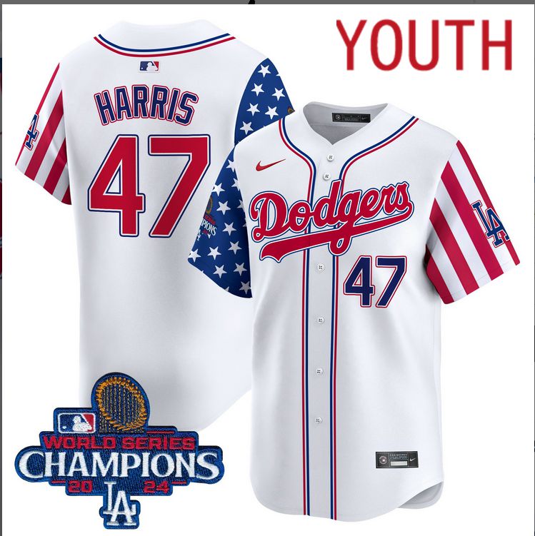 Youth MLB Los Angeles Dodgers #47 Trump American Style white 2024 World Series Champions  Limited Jersey->youth mlb jersey->Youth Jersey
